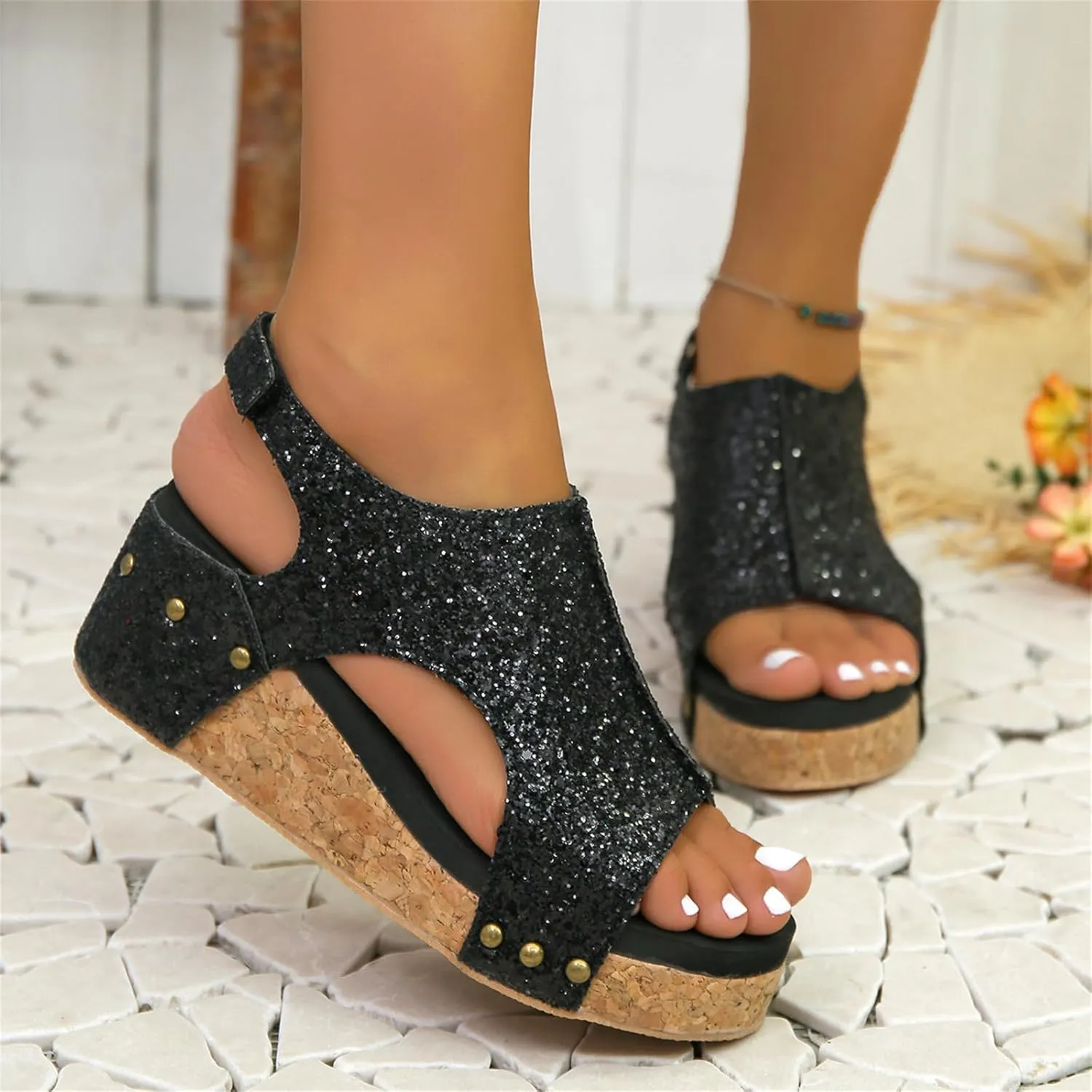 Women's Sandals Comfortable Walking Bohemia Platform Wedge Sandals: Flatform Open Toe Sparkly Glitter Summer Dress Shoes