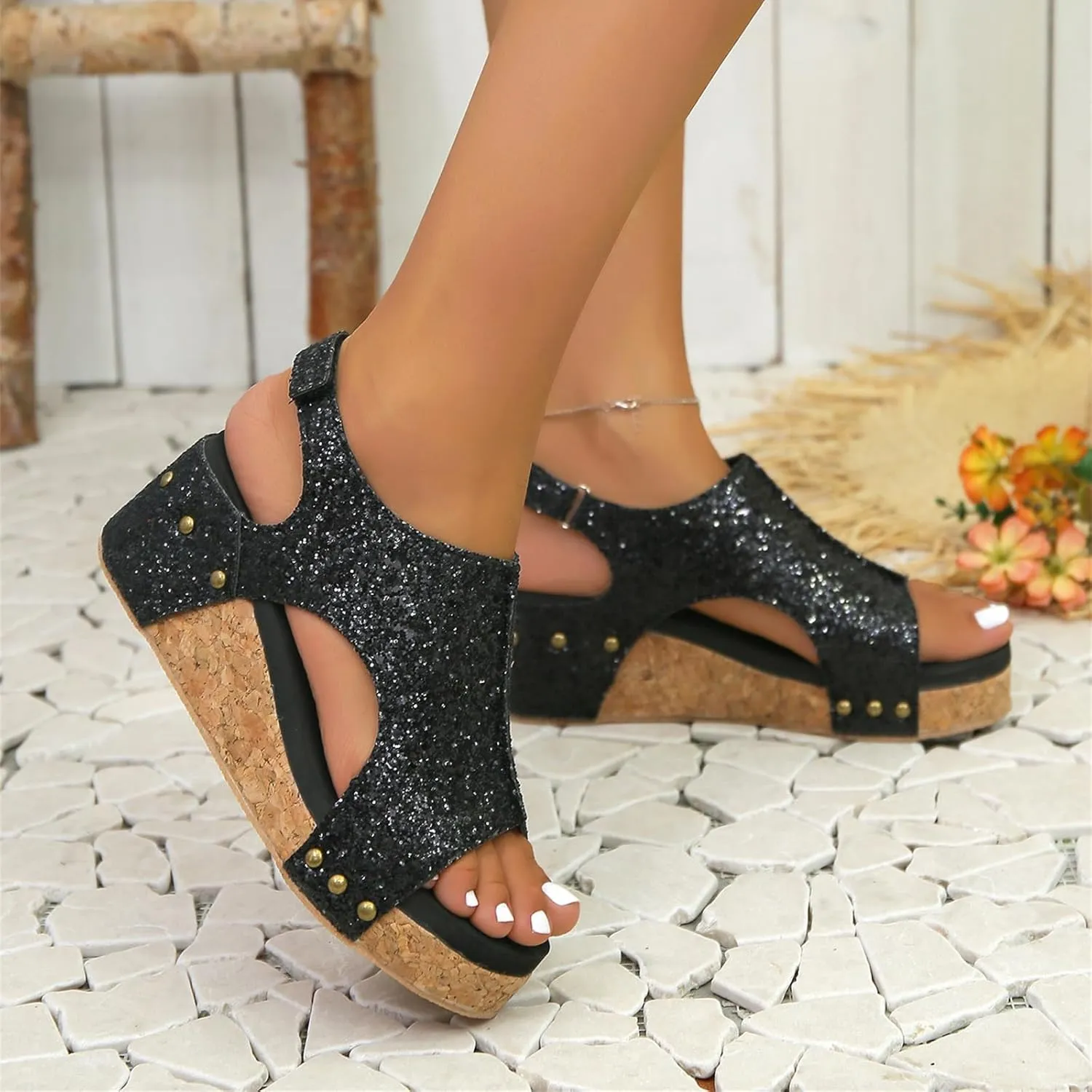 Women's Sandals Comfortable Walking Bohemia Platform Wedge Sandals: Flatform Open Toe Sparkly Glitter Summer Dress Shoes