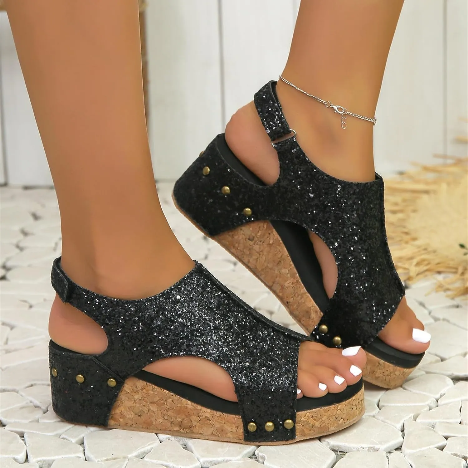 Women's Sandals Comfortable Walking Bohemia Platform Wedge Sandals: Flatform Open Toe Sparkly Glitter Summer Dress Shoes