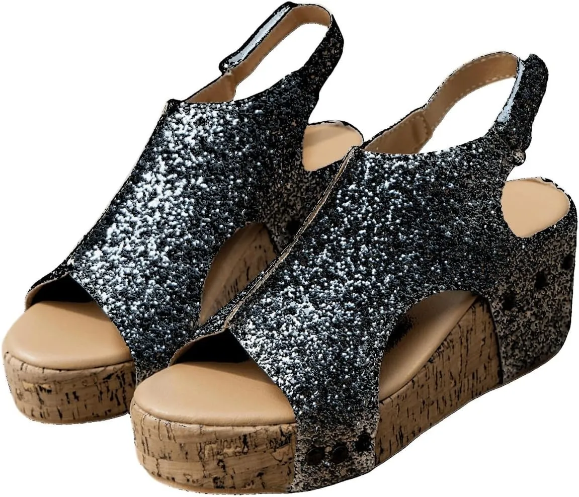 Women's Sandals Comfortable Walking Bohemia Platform Wedge Sandals: Flatform Open Toe Sparkly Glitter Summer Dress Shoes
