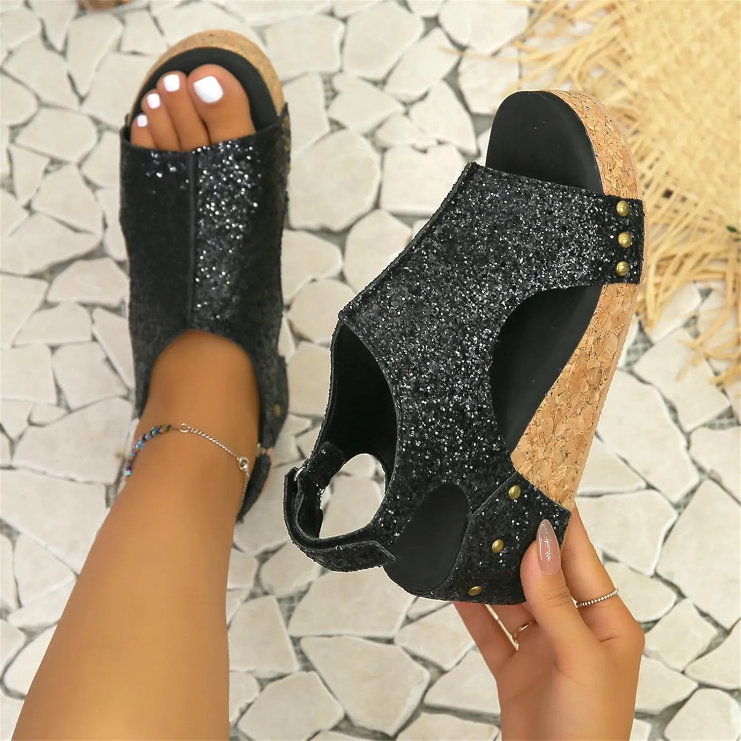 Women's Sandals Comfortable Walking Bohemia Platform Wedge Sandals: Flatform Open Toe Sparkly Glitter Summer Dress Shoes