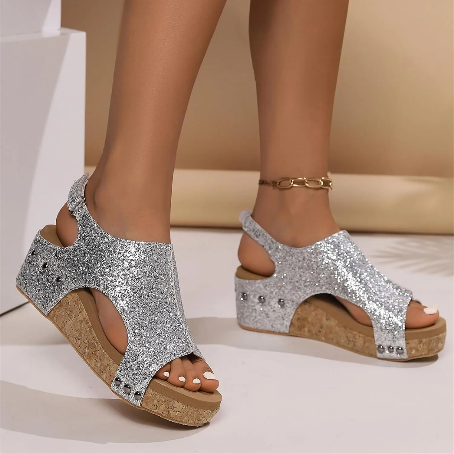 Women's Sandals Comfortable Walking Open Toe Ankle Strap Casual Flatform Platform Wedge Sandals Rhinestone Summer Dress Shoes