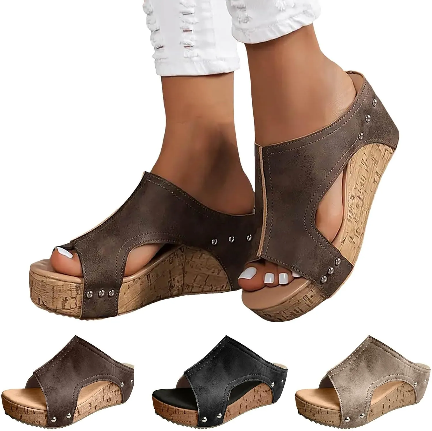 Women's Sandals Summer Beach Wedge Sandals Comfortable Platform Sandals Open Toe Buckle Ankle Strap Cork Shoes