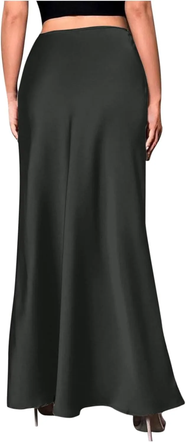 Women's Satin A-Line Midi Skirt High Waisted Zipper Flared Silk Skirts Trendy Elegant Cocktail Party Wedding Skirts