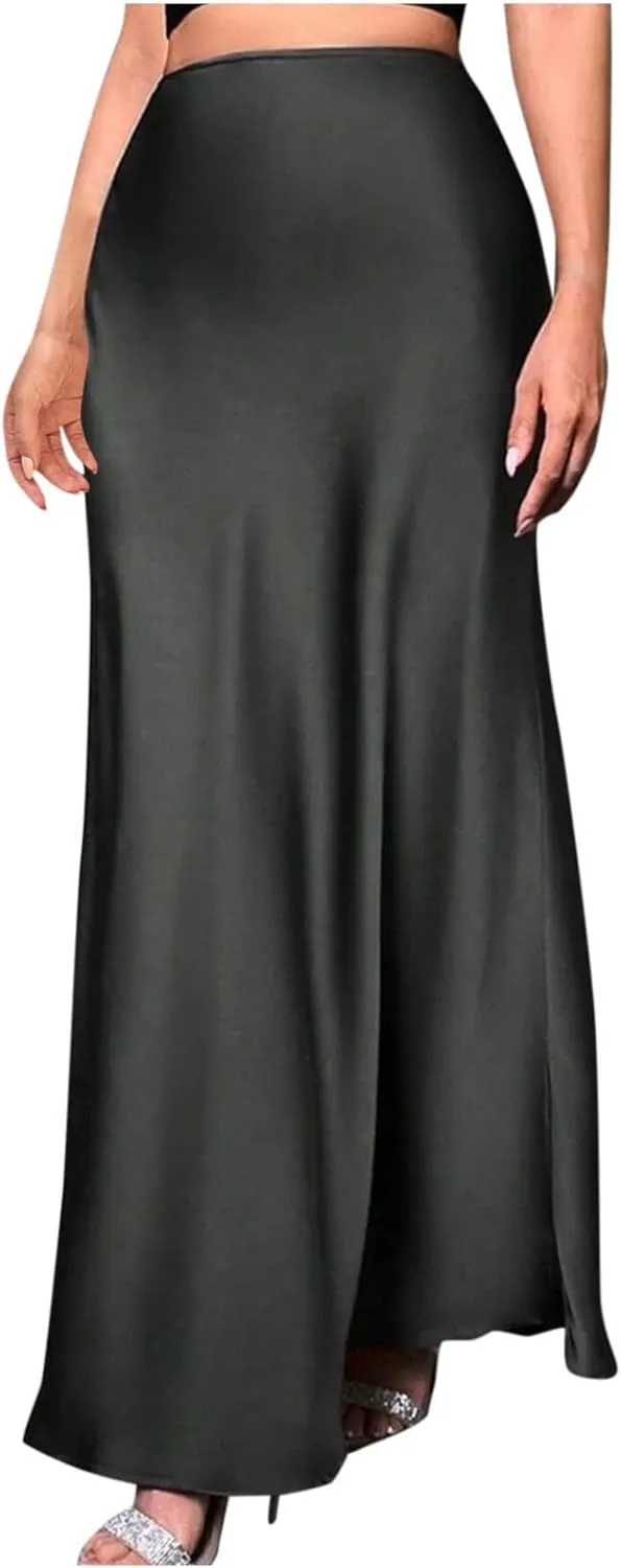 Women's Satin A-Line Midi Skirt High Waisted Zipper Flared Silk Skirts Trendy Elegant Cocktail Party Wedding Skirts