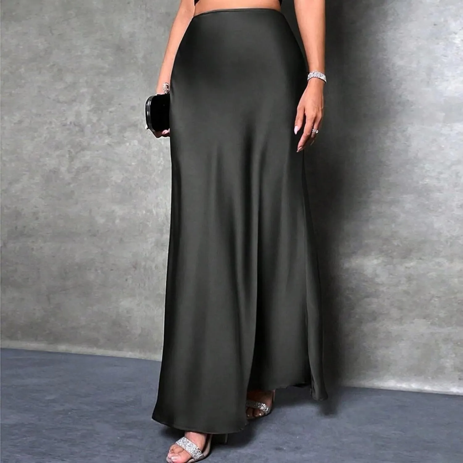 Women's Satin A-Line Midi Skirt High Waisted Zipper Flared Silk Skirts Trendy Elegant Cocktail Party Wedding Skirts