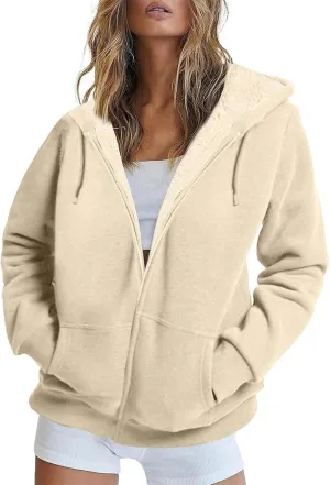 Womens Sherpa Lined Jacket Casual Plus Size Zip Up Hoodie Loose Fit Comfy Soft Fleece Jacket with Pockets Outerwear