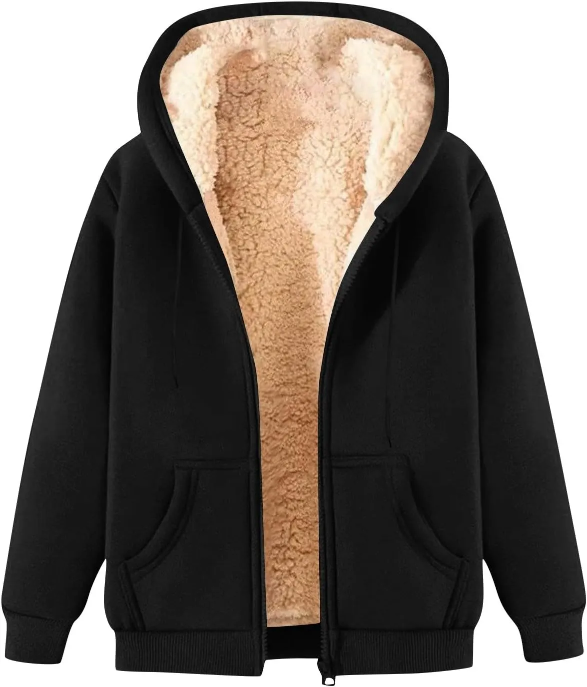 Womens Sherpa Lined Jacket Casual Plus Size Zip Up Hoodie Loose Fit Comfy Soft Fleece Jacket with Pockets Outerwear