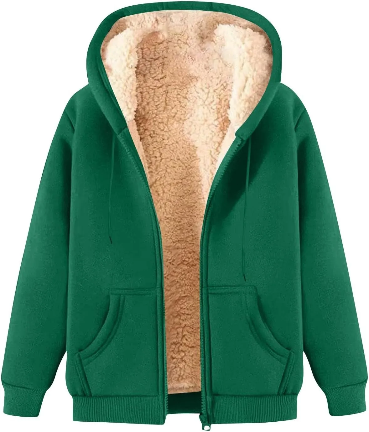 Womens Sherpa Lined Jacket Casual Plus Size Zip Up Hoodie Loose Fit Comfy Soft Fleece Jacket with Pockets Outerwear
