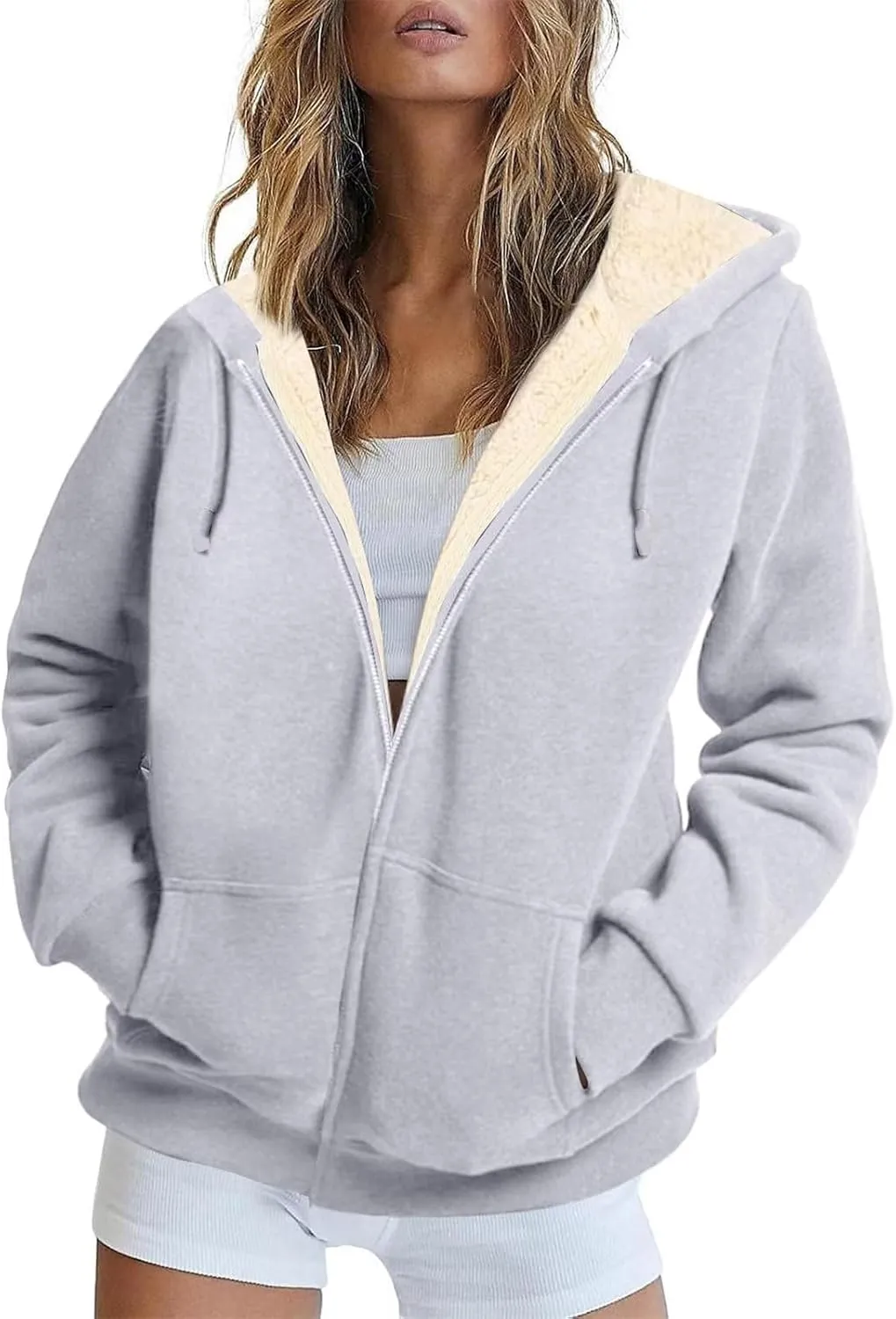 Womens Sherpa Lined Jacket Casual Plus Size Zip Up Hoodie Loose Fit Comfy Soft Fleece Jacket with Pockets Outerwear