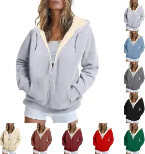 Womens Sherpa Lined Jacket Casual Plus Size Zip Up Hoodie Loose Fit Comfy Soft Fleece Jacket with Pockets Outerwear