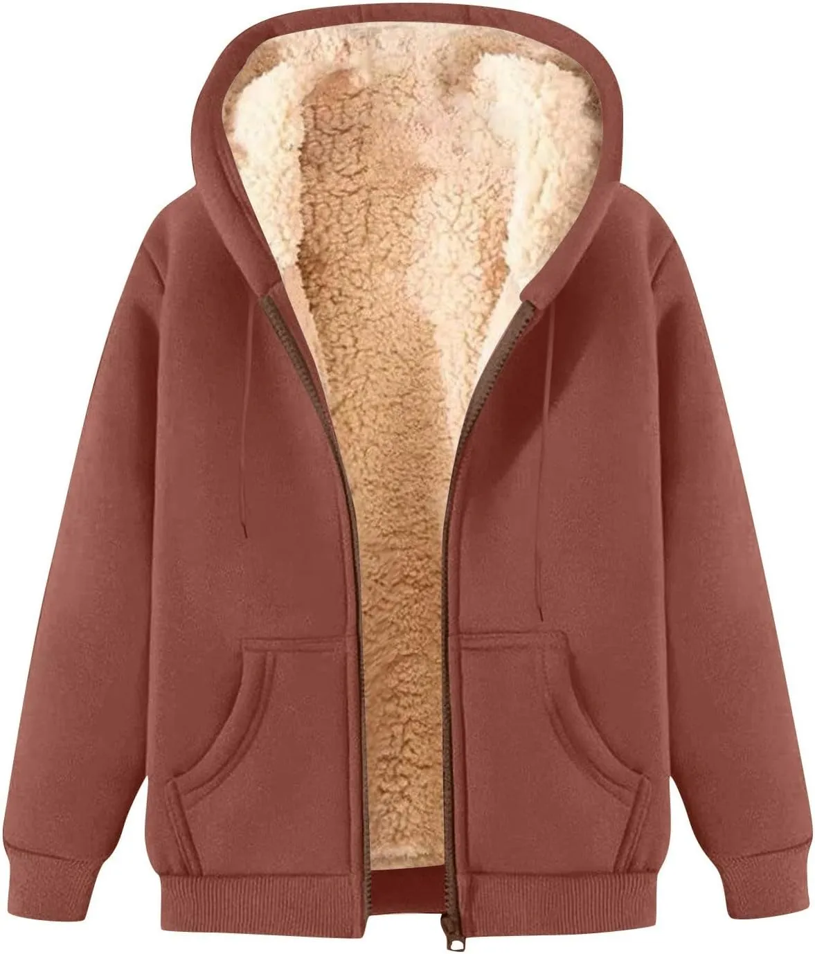 Womens Sherpa Lined Jacket Casual Plus Size Zip Up Hoodie Loose Fit Comfy Soft Fleece Jacket with Pockets Outerwear