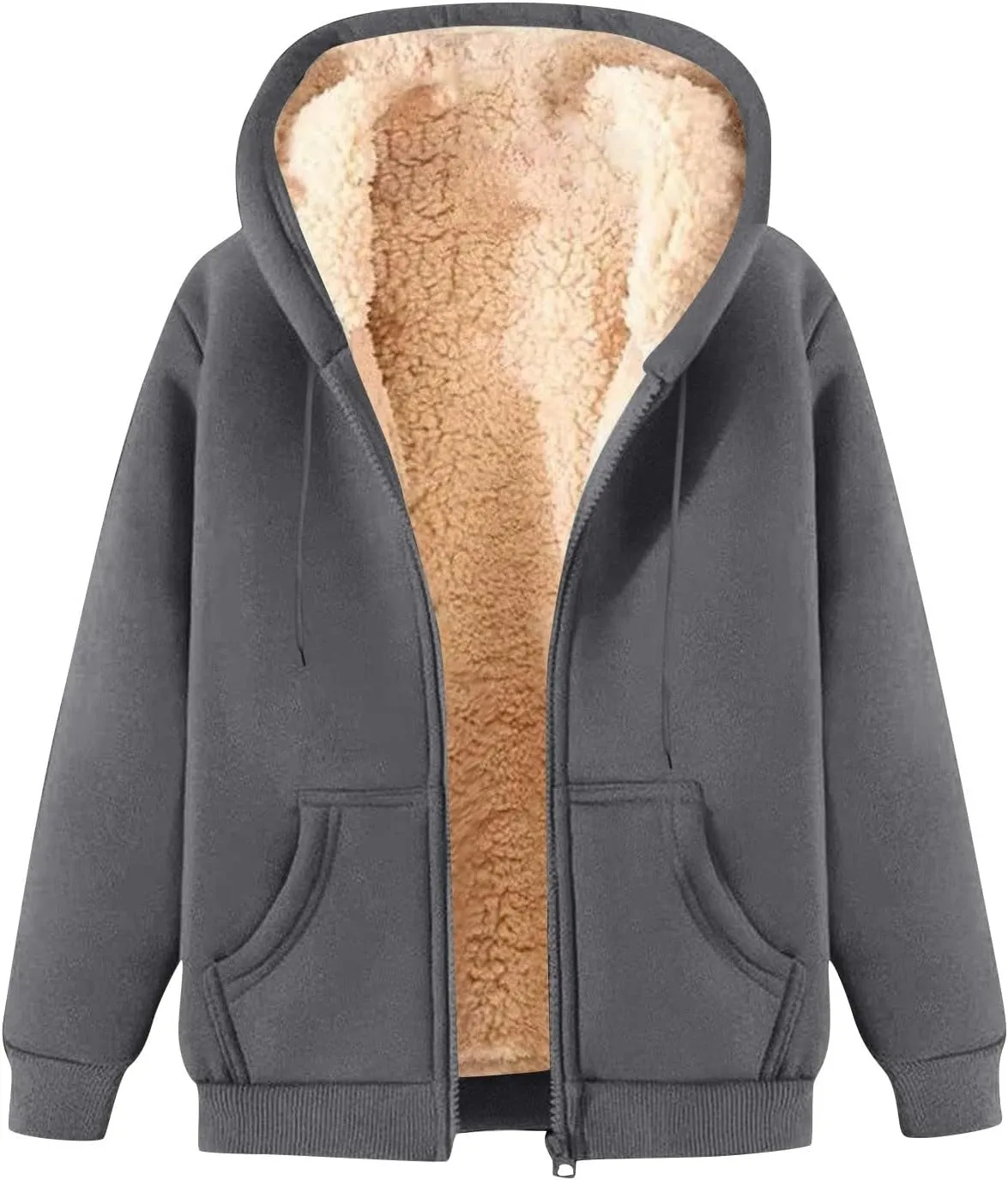 Womens Sherpa Lined Jacket Casual Plus Size Zip Up Hoodie Loose Fit Comfy Soft Fleece Jacket with Pockets Outerwear
