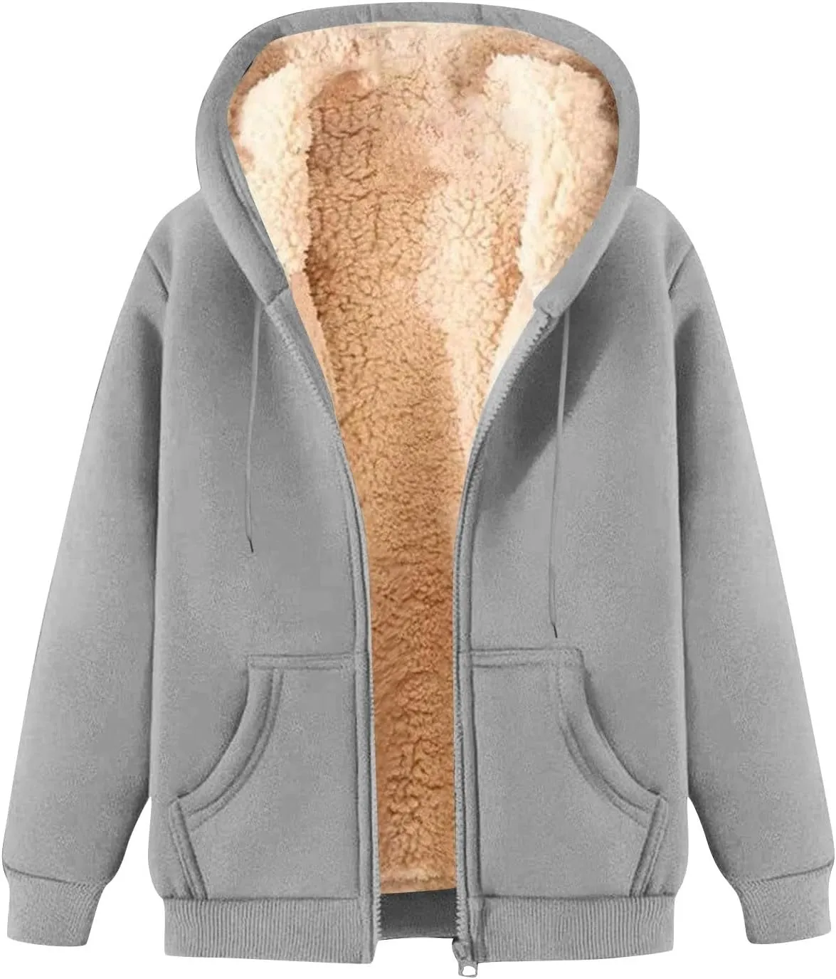 Womens Sherpa Lined Jacket Casual Plus Size Zip Up Hoodie Loose Fit Comfy Soft Fleece Jacket with Pockets Outerwear