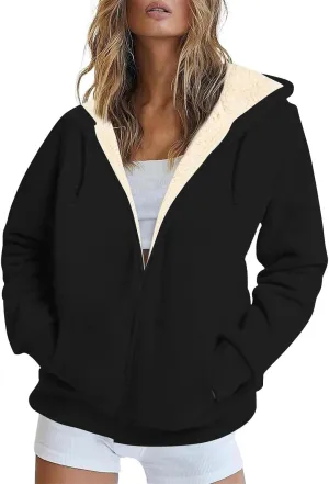 Womens Sherpa Lined Jacket Casual Plus Size Zip Up Hoodie Loose Fit Comfy Soft Fleece Jacket with Pockets Outerwear