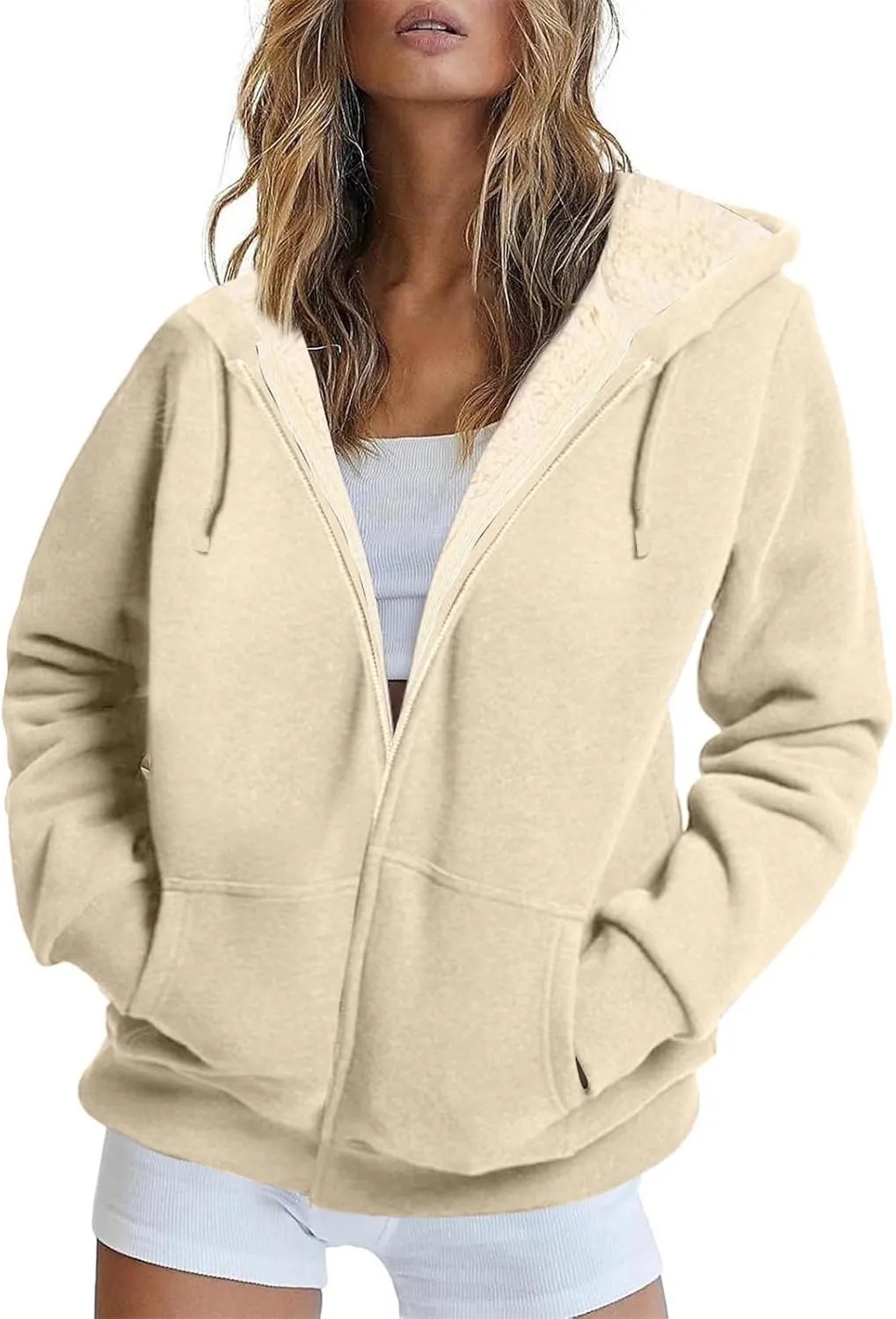 Womens Sherpa Lined Jacket Casual Plus Size Zip Up Hoodie Loose Fit Comfy Soft Fleece Jacket with Pockets Outerwear
