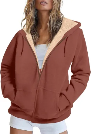 Womens Sherpa Lined Jacket Casual Plus Size Zip Up Hoodie Loose Fit Comfy Soft Fleece Jacket with Pockets Outerwear