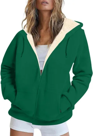 Womens Sherpa Lined Jacket Casual Plus Size Zip Up Hoodie Loose Fit Comfy Soft Fleece Jacket with Pockets Outerwear