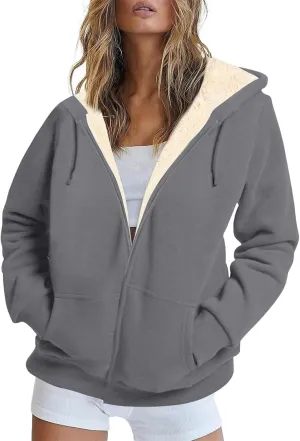 Womens Sherpa Lined Jacket Casual Plus Size Zip Up Hoodie Loose Fit Comfy Soft Fleece Jacket with Pockets Outerwear
