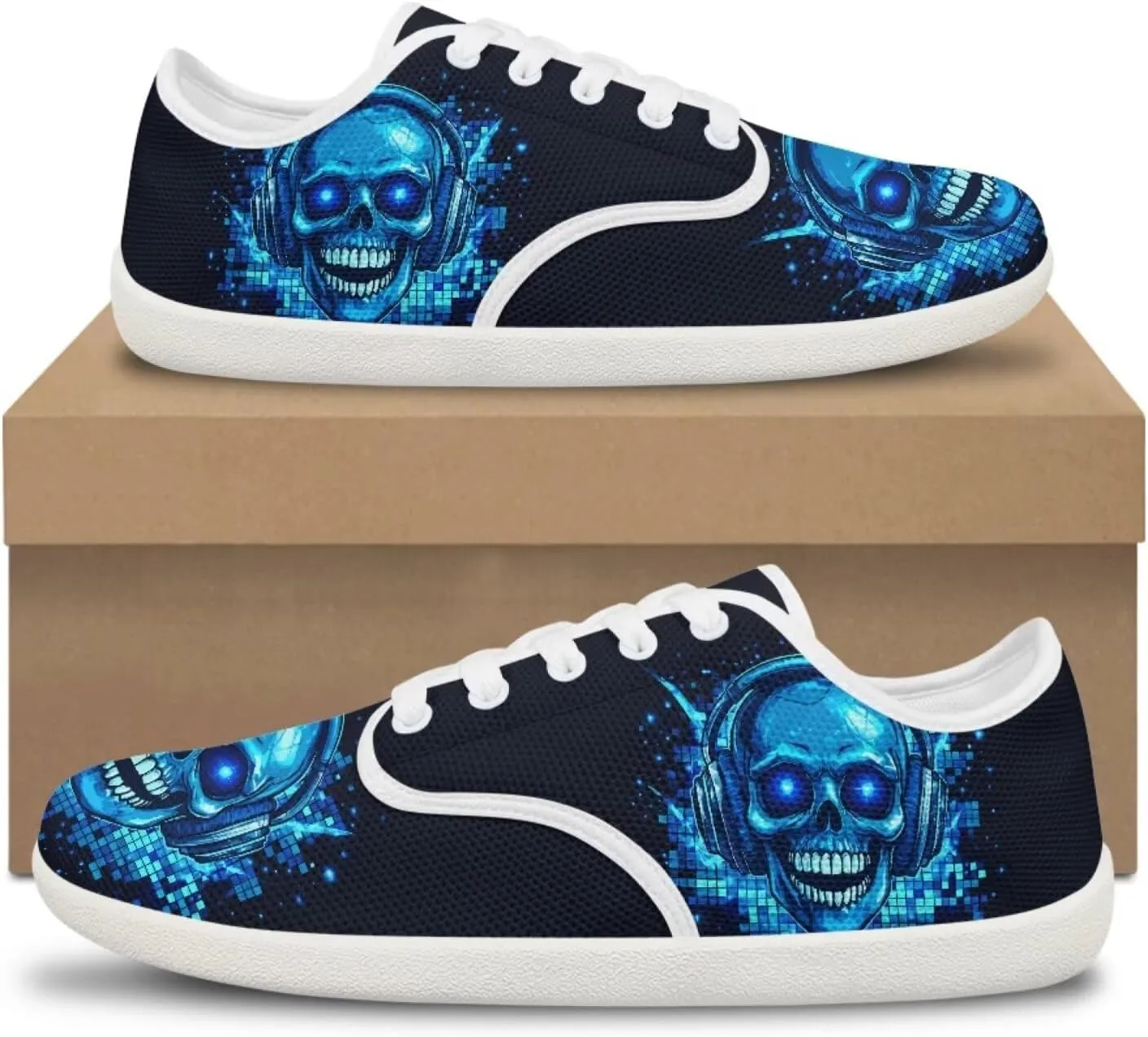 Women's Skull Athletic Barefoot Sneaker Walking Leisure Shoes Lace-up Tennis Running Sneakers