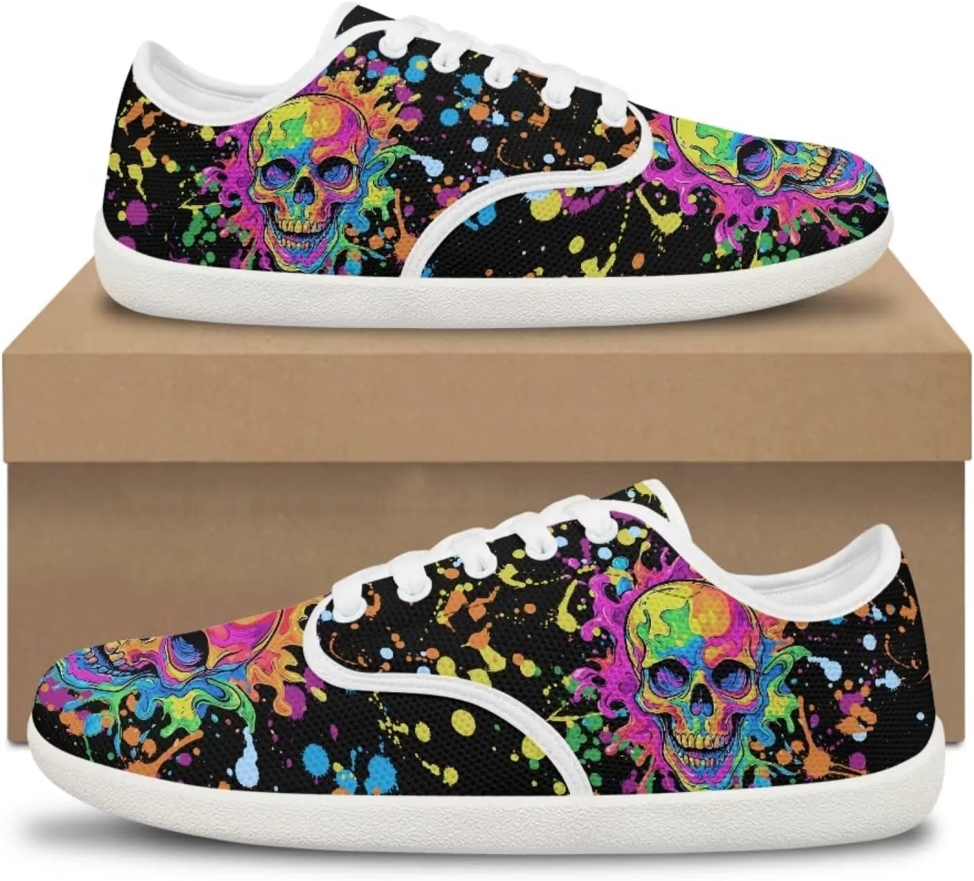 Women's Skull Athletic Barefoot Sneaker Walking Leisure Shoes Lace-up Tennis Running Sneakers