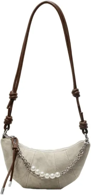 Womens Small Crescent Purse Vegan Leather Crossbody Shoulder Bags Mini Croissant Phone Satchels with Pearl Chain