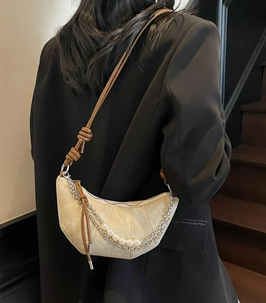 Womens Small Crescent Purse Vegan Leather Crossbody Shoulder Bags Mini Croissant Phone Satchels with Pearl Chain