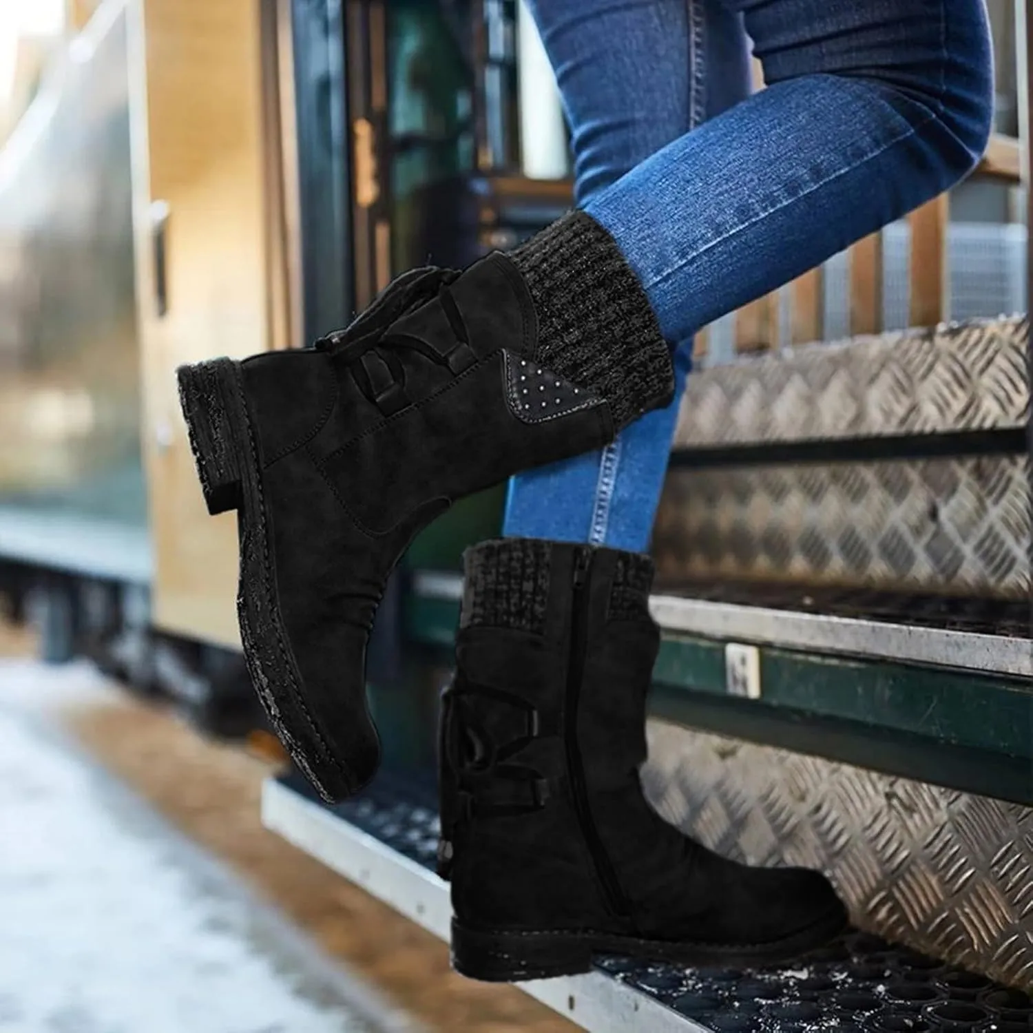 Women's Snow Boots Chunky Platform Boots for Women, Square Toe Shoes Lace up Zip High Heel Booties Combat Mid Calf Boots