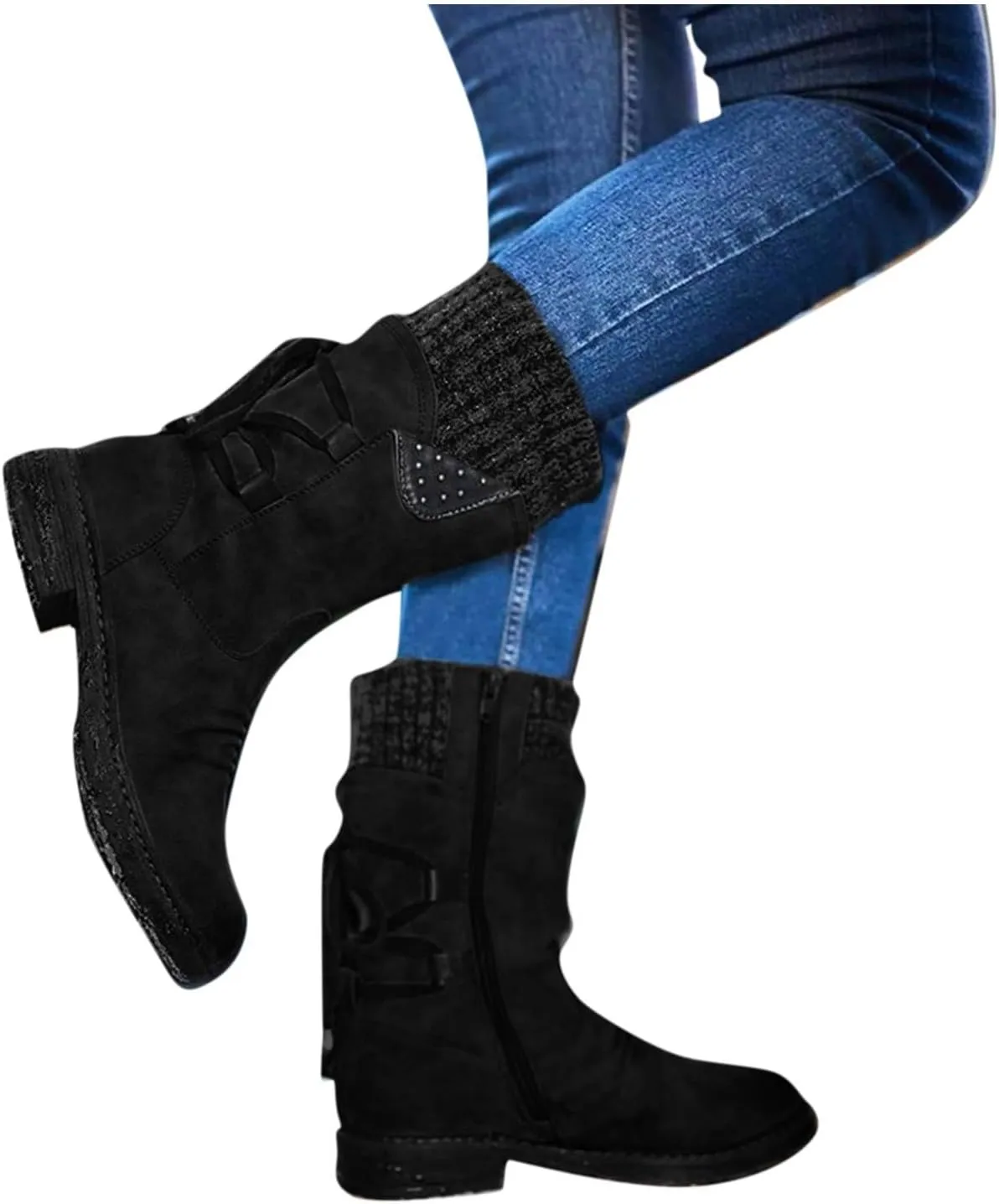 Women's Snow Boots Chunky Platform Boots for Women, Square Toe Shoes Lace up Zip High Heel Booties Combat Mid Calf Boots