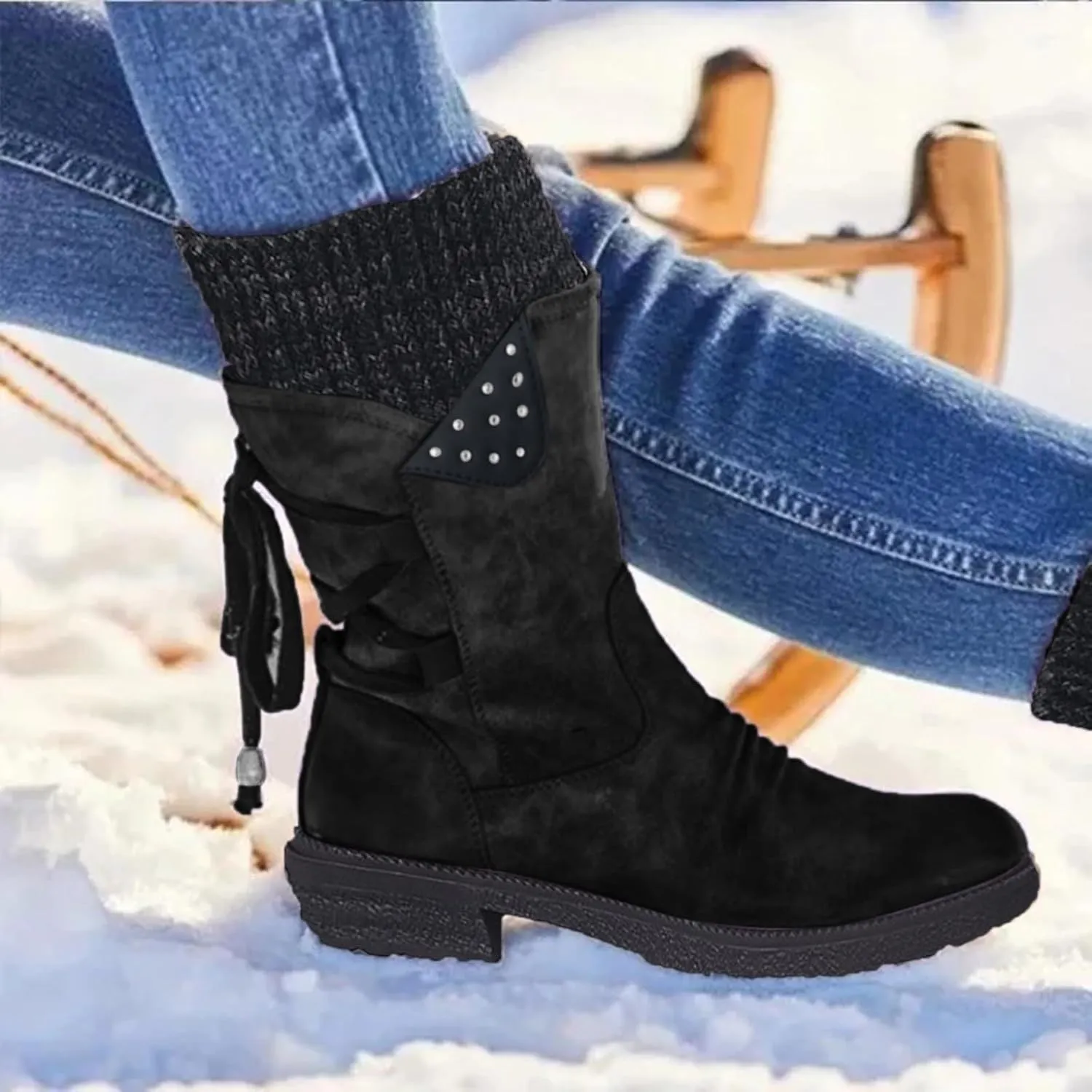 Women's Snow Boots Chunky Platform Boots for Women, Square Toe Shoes Lace up Zip High Heel Booties Combat Mid Calf Boots