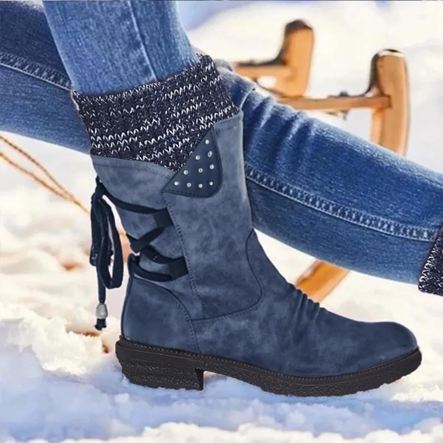 Women's Snow Boots Low Heel Mid Calf Winter Boots Side Zip Western Platform Hiking Booties Warm Non Slip Outdoor Shoes Winter