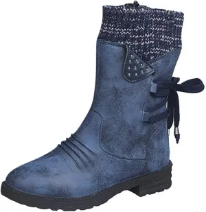 Women's Snow Boots Low Heel Mid Calf Winter Boots Side Zip Western Platform Hiking Booties Warm Non Slip Outdoor Shoes Winter