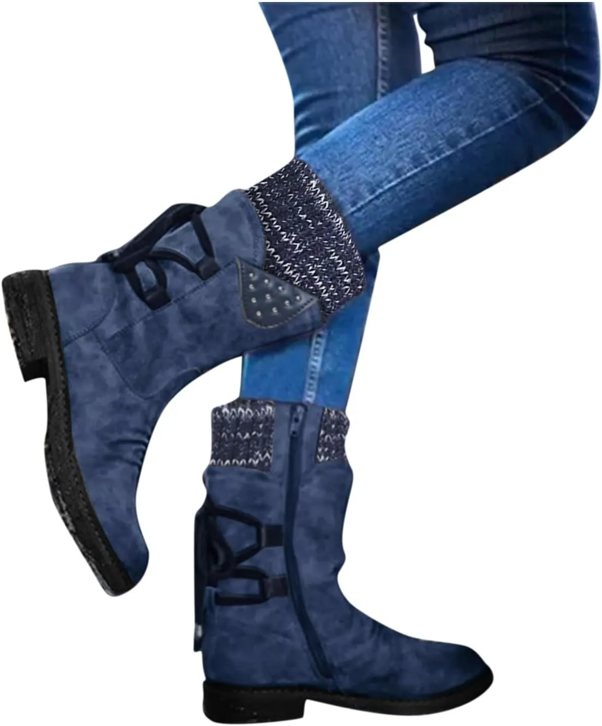 Women's Snow Boots Low Heel Mid Calf Winter Boots Side Zip Western Platform Hiking Booties Warm Non Slip Outdoor Shoes Winter