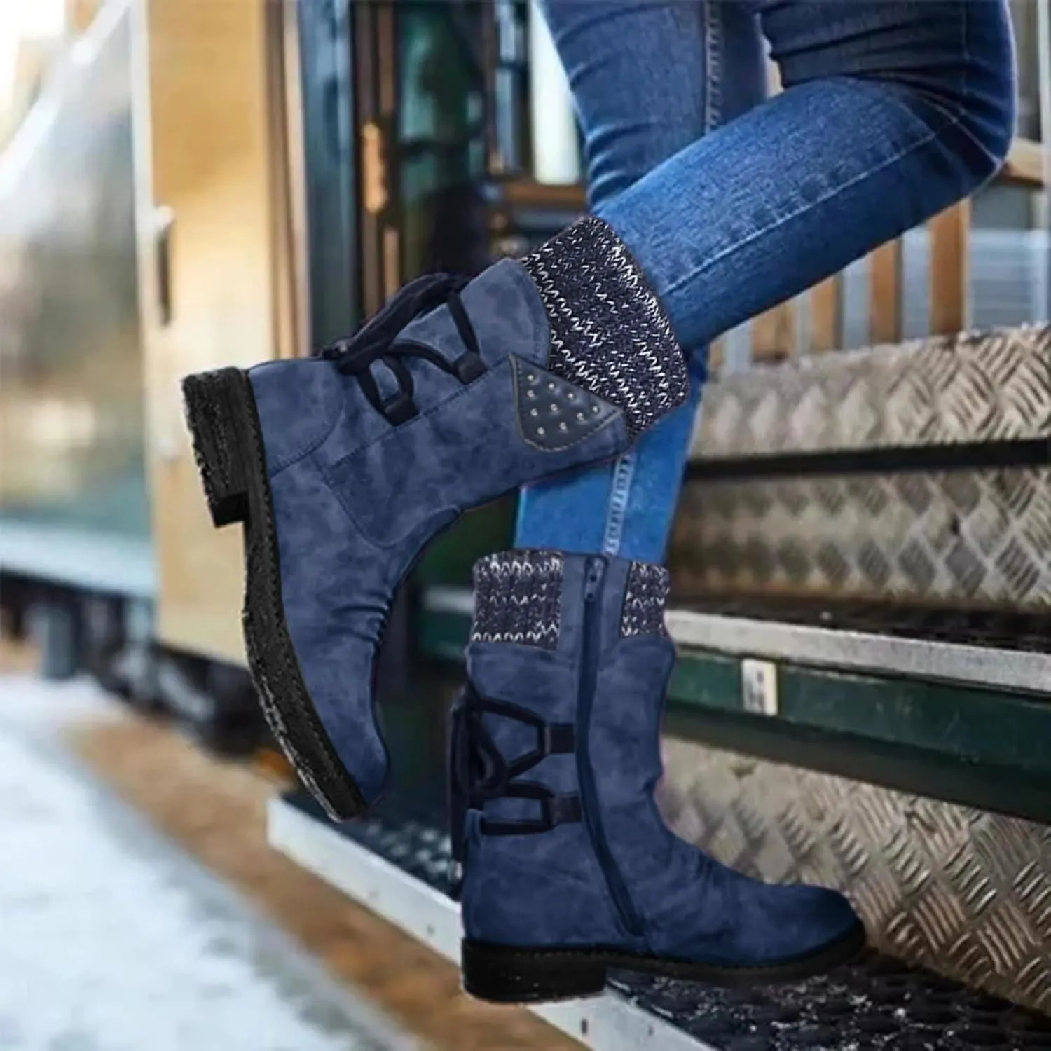 Women's Snow Boots Low Heel Mid Calf Winter Boots Side Zip Western Platform Hiking Booties Warm Non Slip Outdoor Shoes Winter