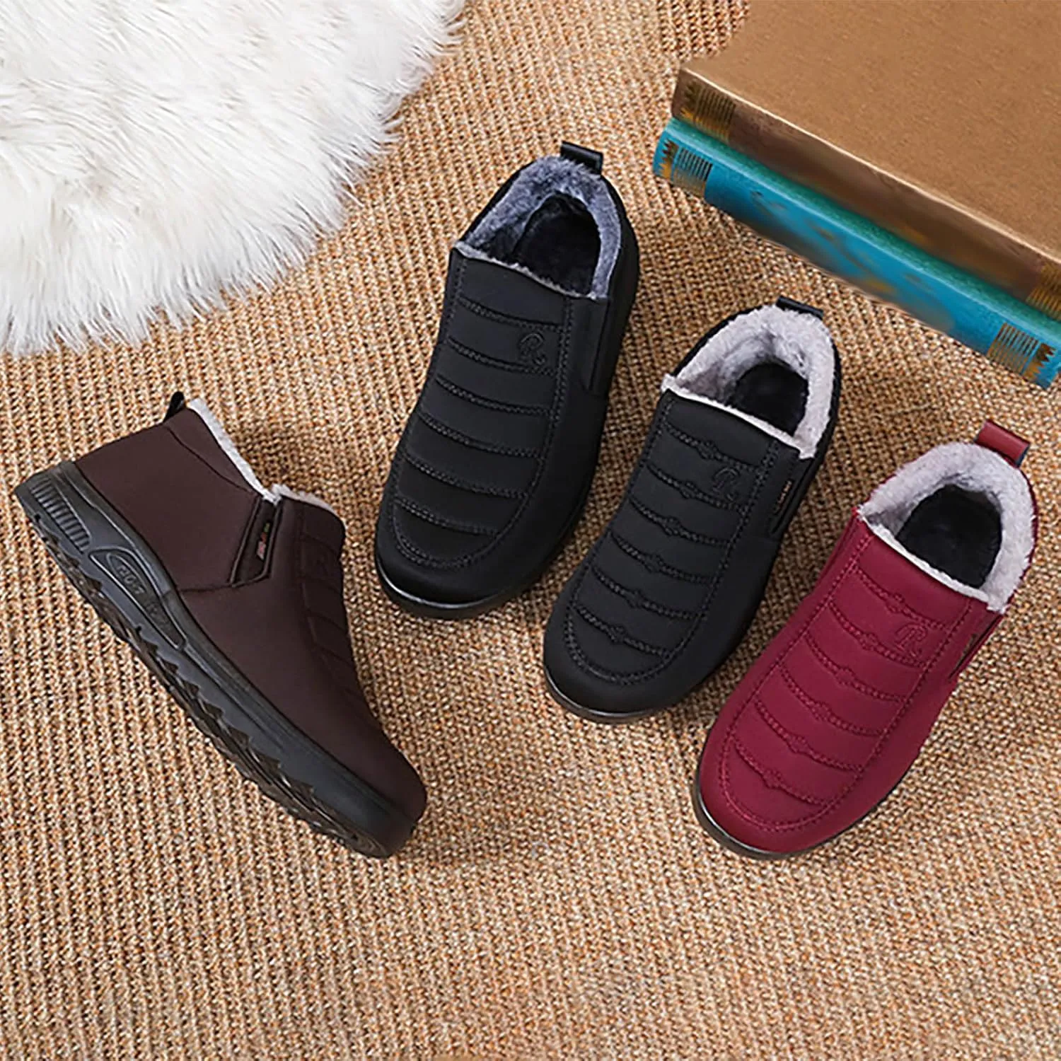Womens Snow Boots Waterproof Winter Boots Non Slip Warm Fur Booties Lightweight Slip on Ankle Boots Comfortable Winter Shoes Trekking Shoes