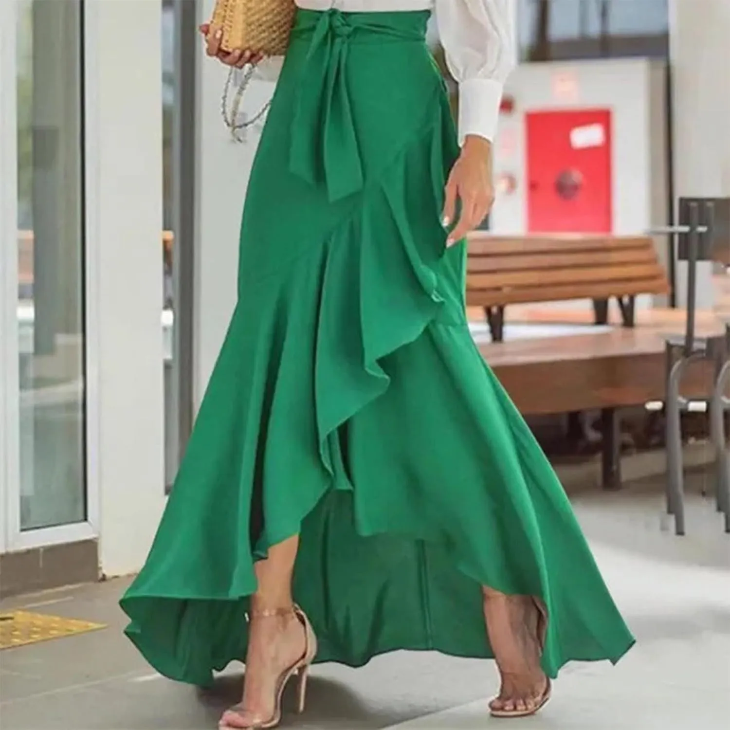Women's Solid Color Prom Party Elegant Maxi Skirt, Irregular Ruffle Hem Flowy A-Line Skirts Formal Evening Clothes