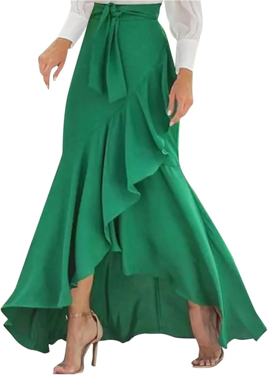 Women's Solid Color Prom Party Elegant Maxi Skirt, Irregular Ruffle Hem Flowy A-Line Skirts Formal Evening Clothes