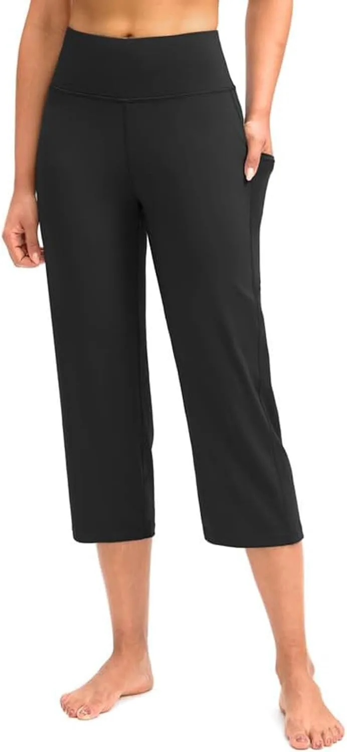 Womens Straight Leg Yoga Cropped Pants Tummy Control Summer Capris High Waist Exercise Workout Leggings with Pockets