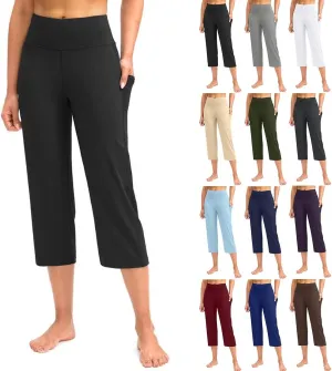 Womens Straight Leg Yoga Cropped Pants Tummy Control Summer Capris High Waist Exercise Workout Leggings with Pockets