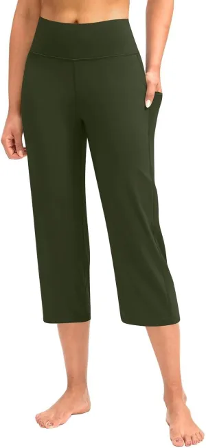 Womens Straight Leg Yoga Cropped Pants Tummy Control Summer Capris High Waist Exercise Workout Leggings with Pockets
