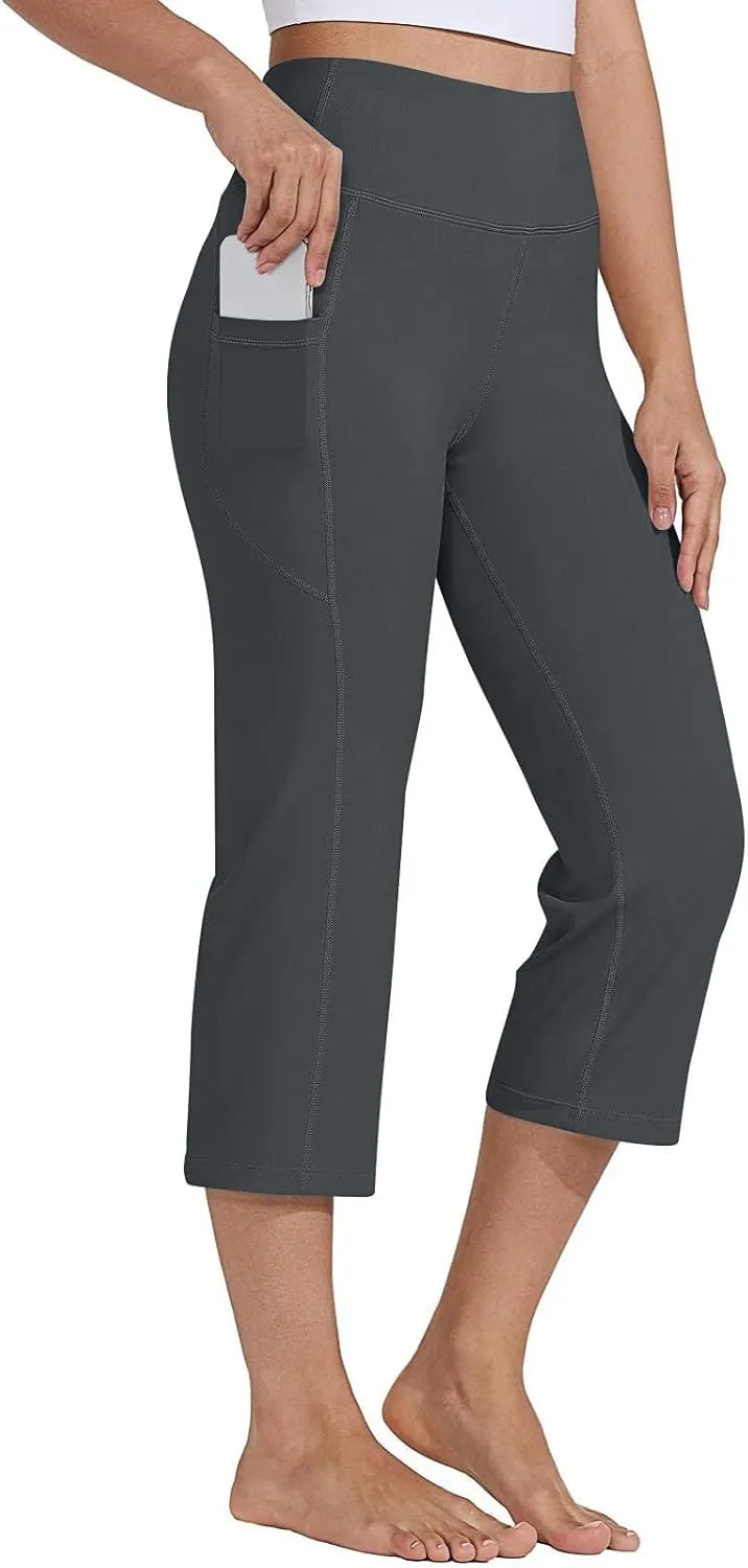 Womens Straight Leg Yoga Cropped Pants Tummy Control Summer Capris High Waist Exercise Workout Leggings with Pockets