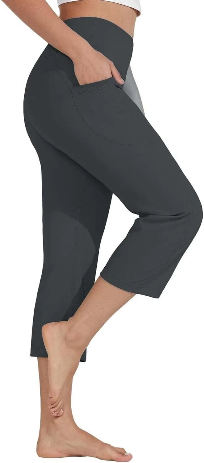 Womens Straight Leg Yoga Cropped Pants Tummy Control Summer Capris High Waist Exercise Workout Leggings with Pockets