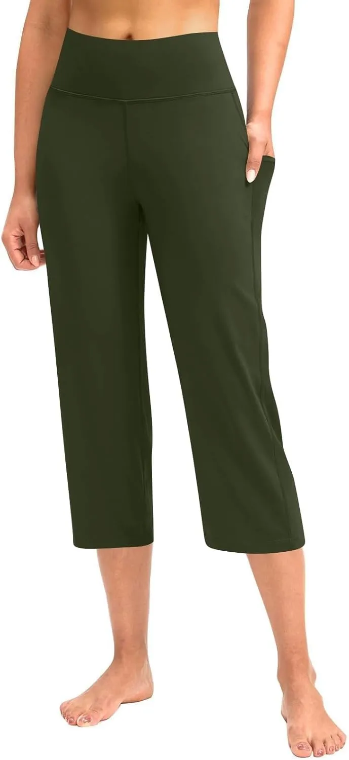 Womens Straight Leg Yoga Cropped Pants Tummy Control Summer Capris High Waist Exercise Workout Leggings with Pockets
