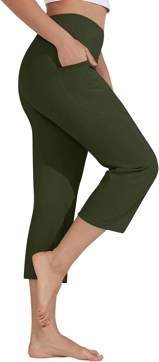 Womens Straight Leg Yoga Cropped Pants Tummy Control Summer Capris High Waist Exercise Workout Leggings with Pockets