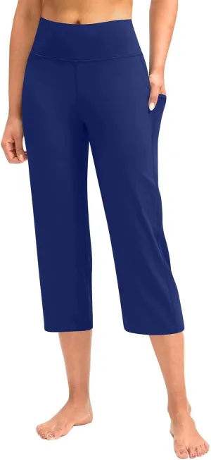 Womens Straight Leg Yoga Cropped Pants Tummy Control Summer Capris High Waist Exercise Workout Leggings with Pockets