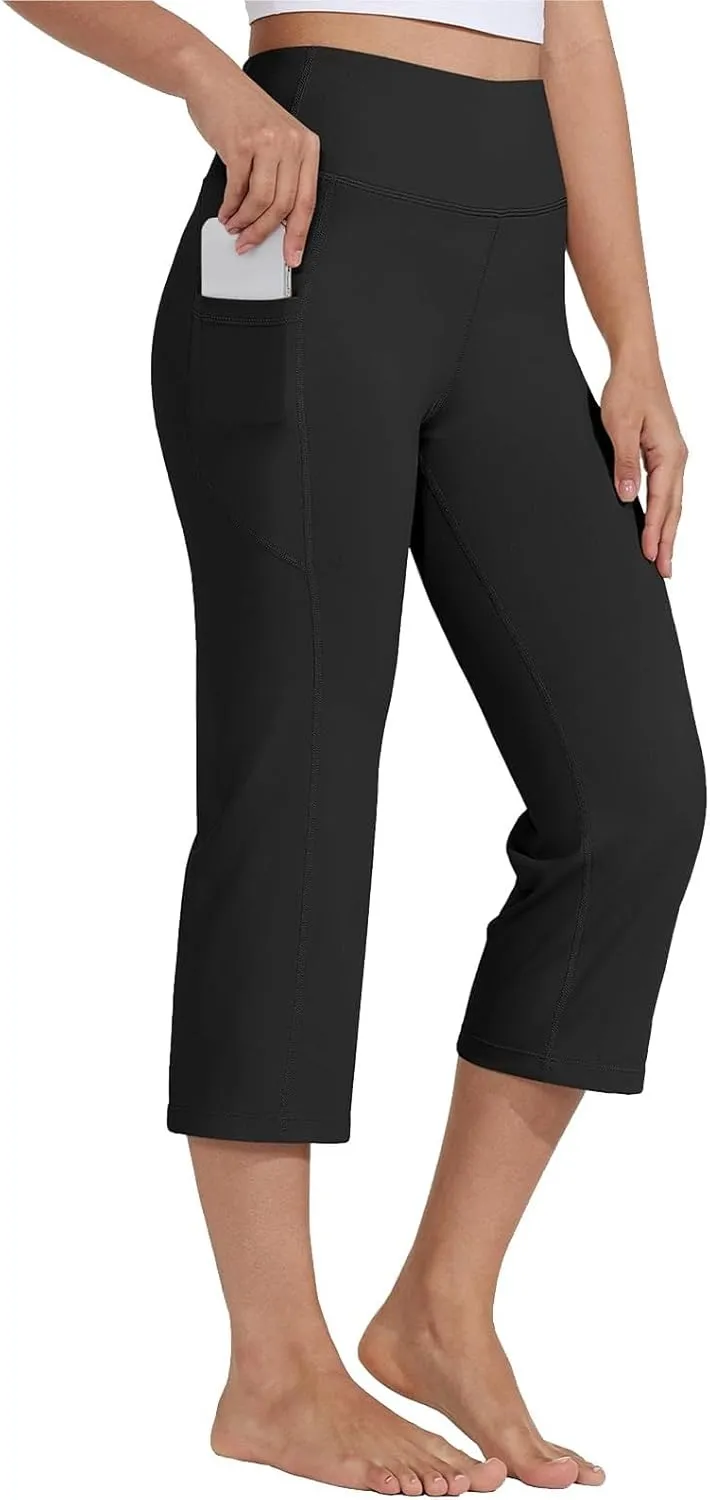 Womens Straight Leg Yoga Cropped Pants Tummy Control Summer Capris High Waist Exercise Workout Leggings with Pockets