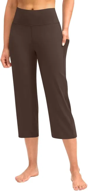 Womens Straight Leg Yoga Cropped Pants Tummy Control Summer Capris High Waist Exercise Workout Leggings with Pockets