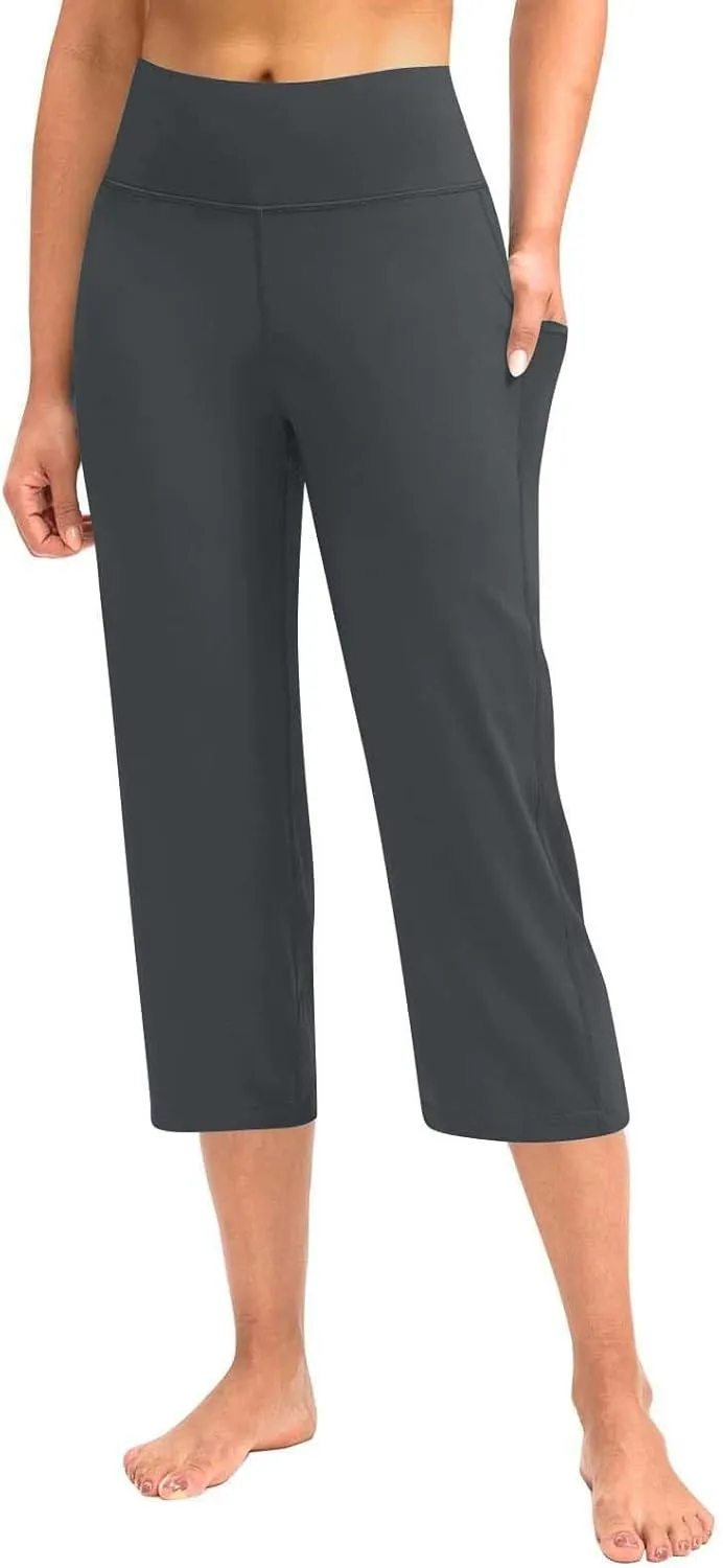 Womens Straight Leg Yoga Cropped Pants Tummy Control Summer Capris High Waist Exercise Workout Leggings with Pockets