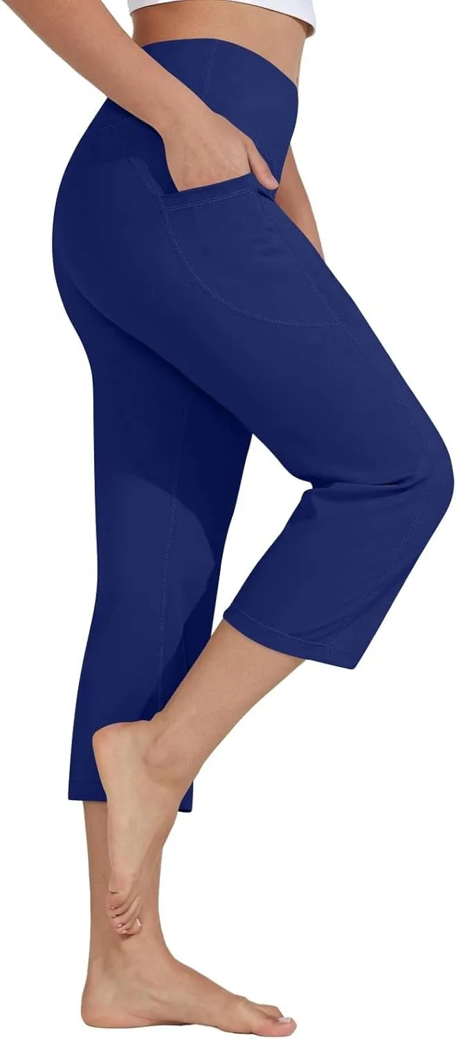 Womens Straight Leg Yoga Cropped Pants Tummy Control Summer Capris High Waist Exercise Workout Leggings with Pockets