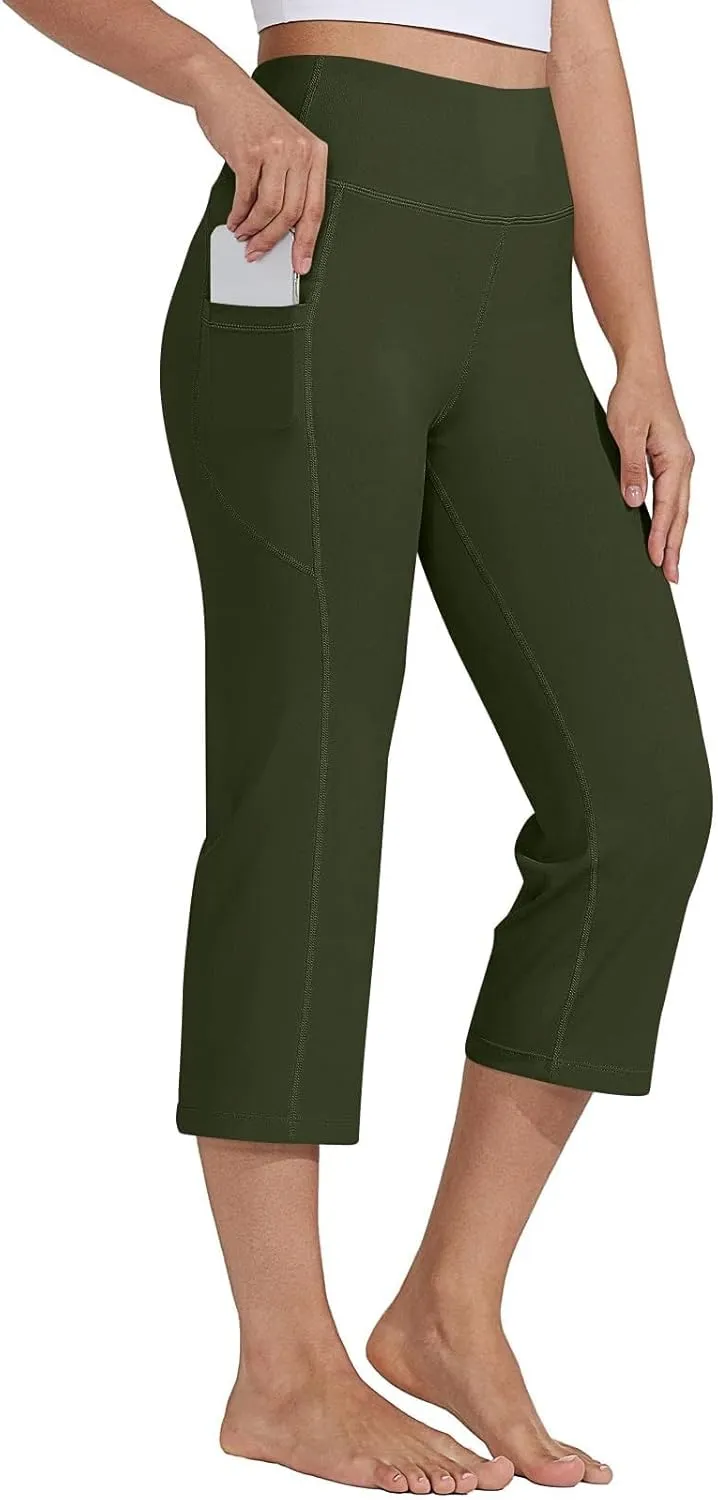 Womens Straight Leg Yoga Cropped Pants Tummy Control Summer Capris High Waist Exercise Workout Leggings with Pockets